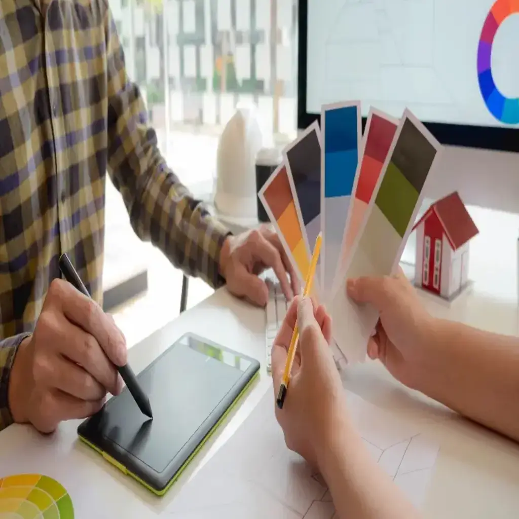 Hands selecting color swatches and using a drawing tablet in a design consultation setting, with a computer and project materials visible, relevant to custom coloration services in manufacturing.