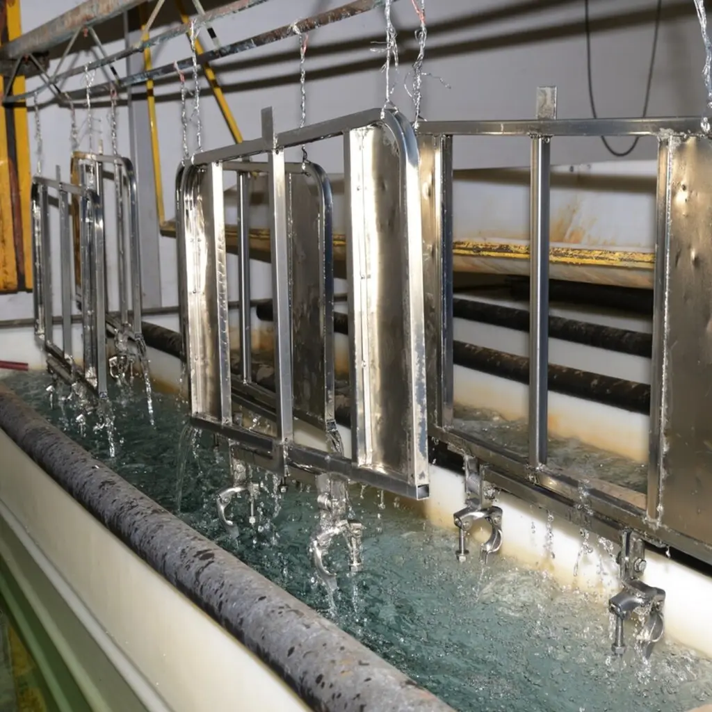 Metal frames undergoing electroplating in a water tank, demonstrating advanced manufacturing processes relevant to rapid prototyping and electroplating services.
