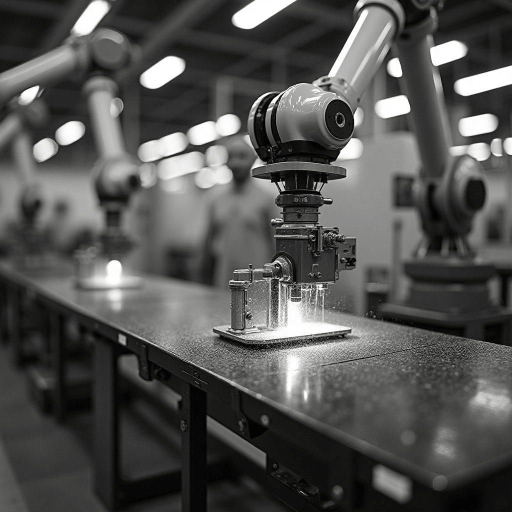 Ronningen plastic injection molded part being assembled on a modern assembly line with robotic arms and skilled workers.