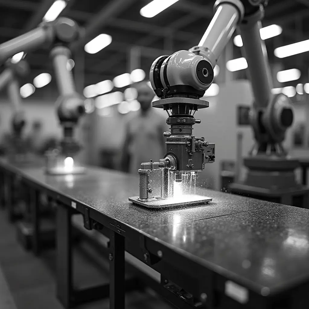 Ronningen plastic injection molded part being assembled on a modern assembly line with robotic arms and skilled workers.