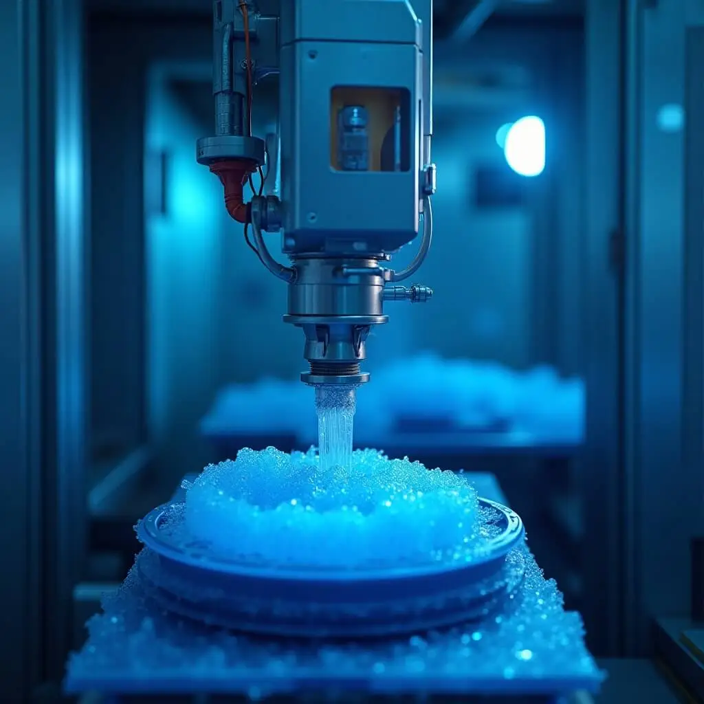 State-of-the-art plastic injection molding machine with robotic arm automation in a bright sterile factory environment during daytime production