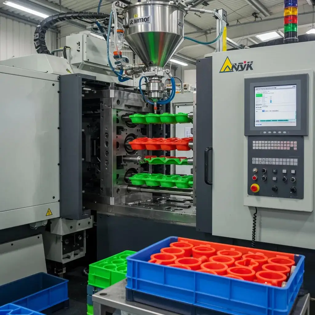 Injection molding machine producing colorful plastic components, highlighting precision engineering in manufacturing