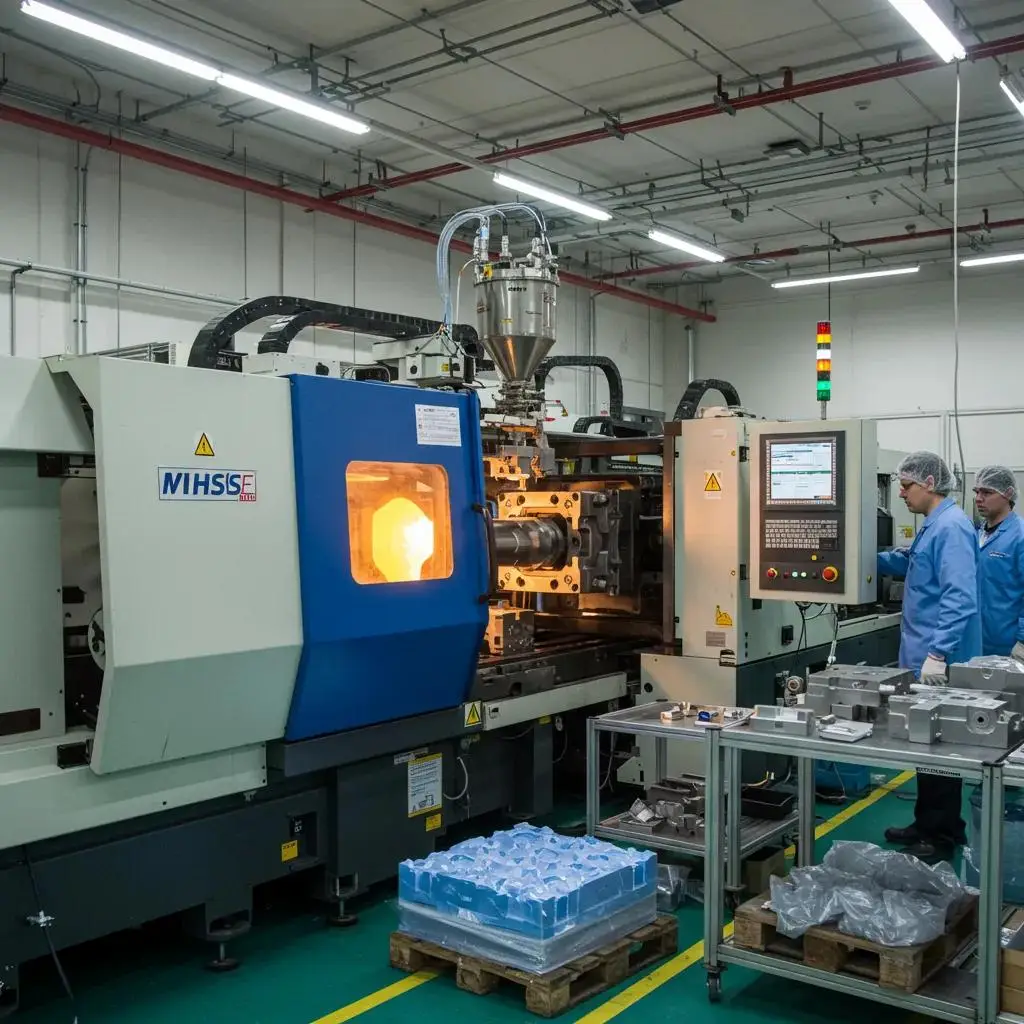 Advanced injection molding machine crafting intricate electronic components in a sterile environment