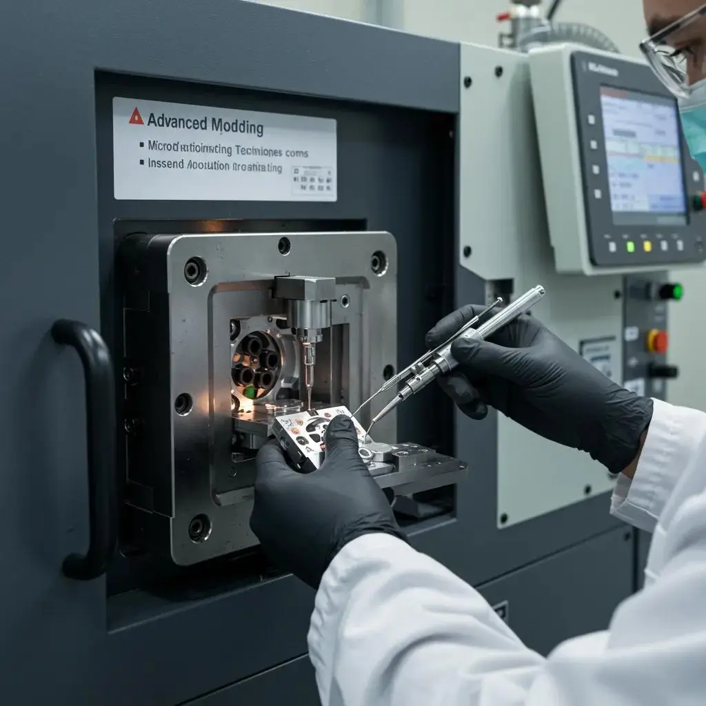 Technician meticulously operating sophisticated injection molding machinery, highlighting micro and insert molding techniques