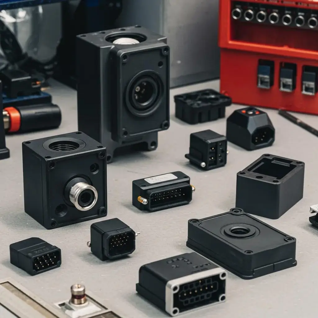 Diverse electronic components produced via injection molding, showcasing intricate design possibilities and high precision